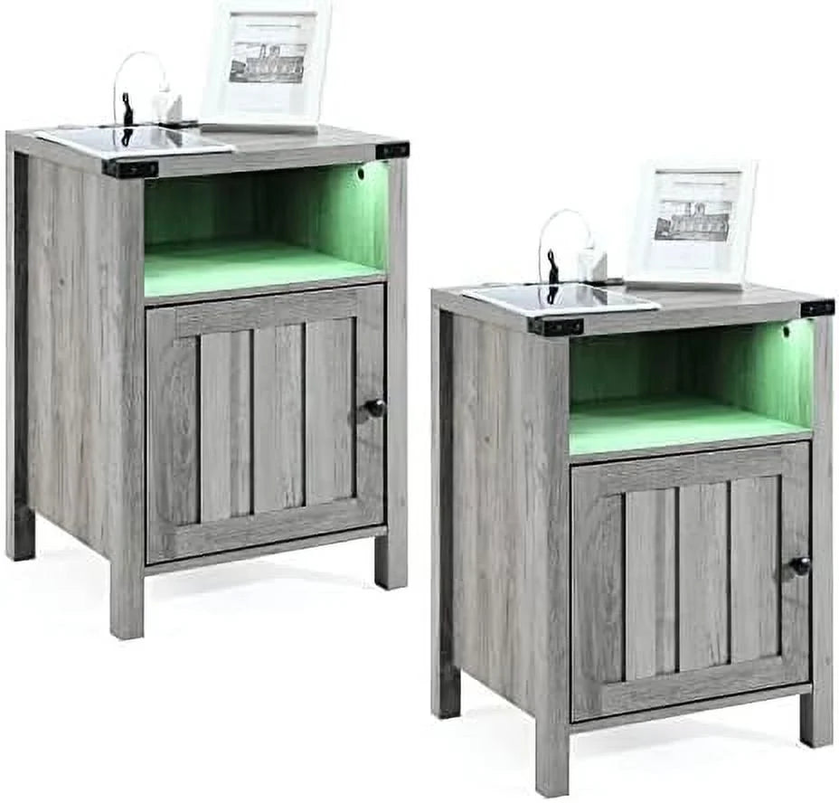 Grey Nightstand with LED Lights and Charging Station Set of 2 Z1761
