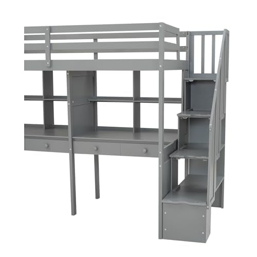 White Twin Size Wood Loft Bed with Storage Stairs and Double Desks M482