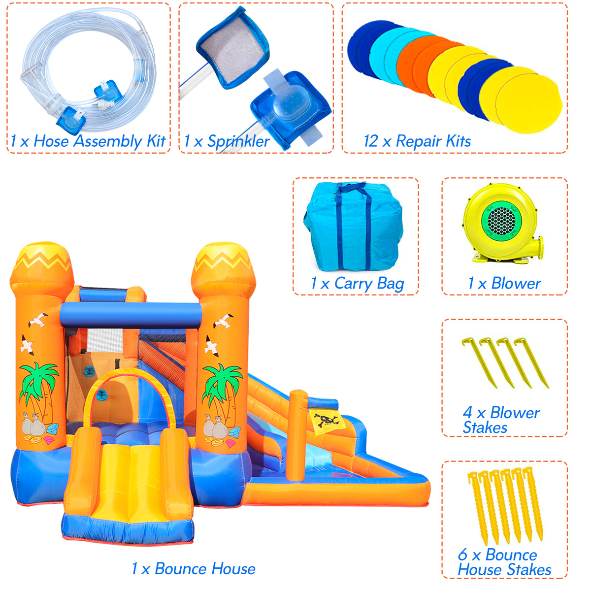 Inflatable Bounce House with 450W Blower, Stakes, Water Sprinkler, Splash Pool R584