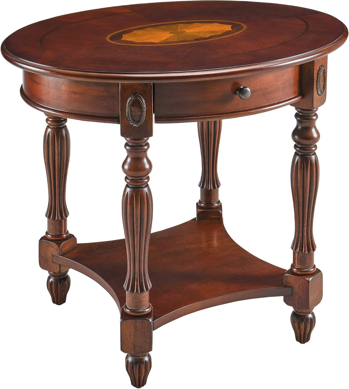 Walnut Solid Wood Oval Side Table with Tempered Glass Shelf H20280