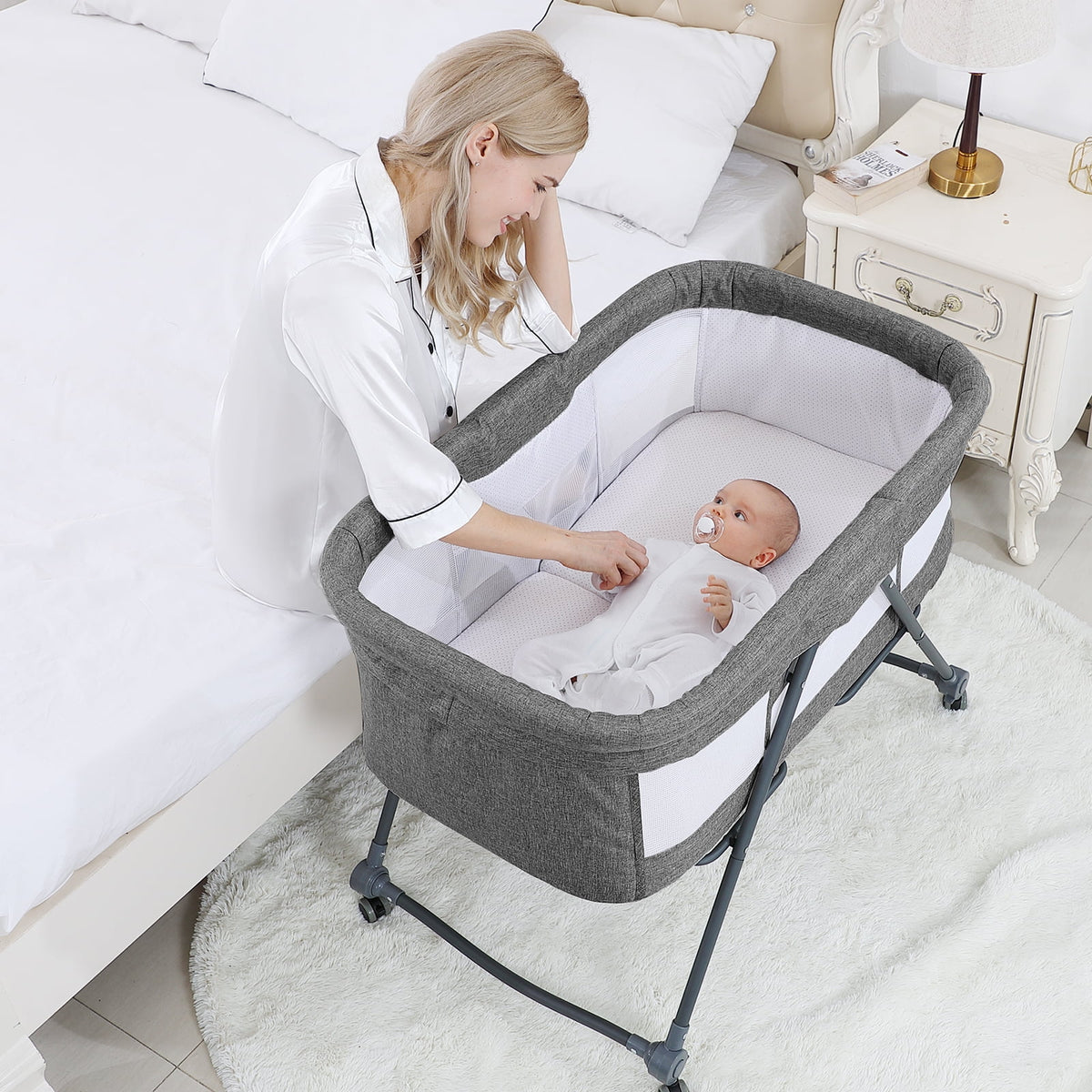 Portable Folding Rocking Bassinet with Storage Basket, Travel Bag, Gray A8097