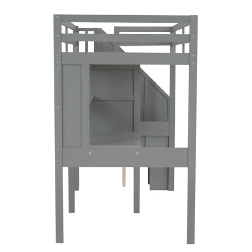 White Twin Size Wood Loft Bed with Storage Stairs and Double Desks M482
