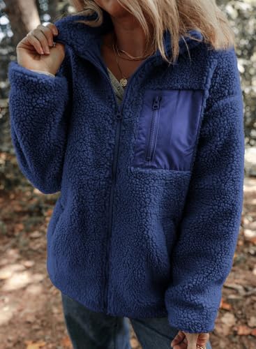 Womens Fleece Jackets Long Sleeve Warm Teddy Coats with Pockets S6821