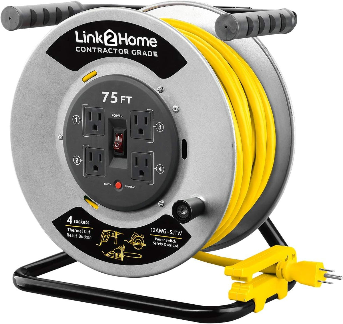 75 ft. Metal Cord Reel Extension Cord 4 Power Outlets 12 AWG SJTW J7152