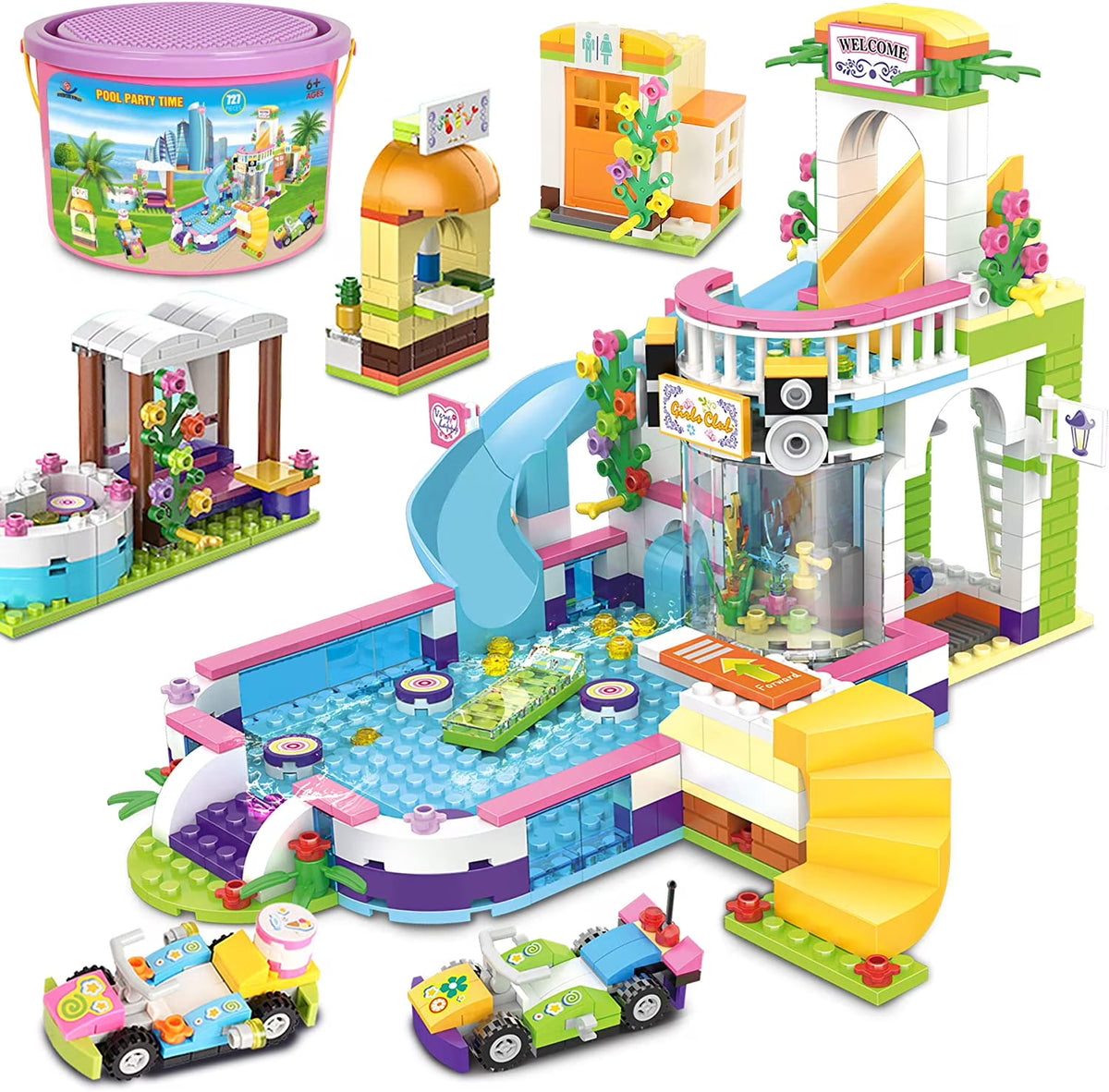 727 Pieces Pool Building Blocks Set with Toy Juice Bar and Hot Tub J24267