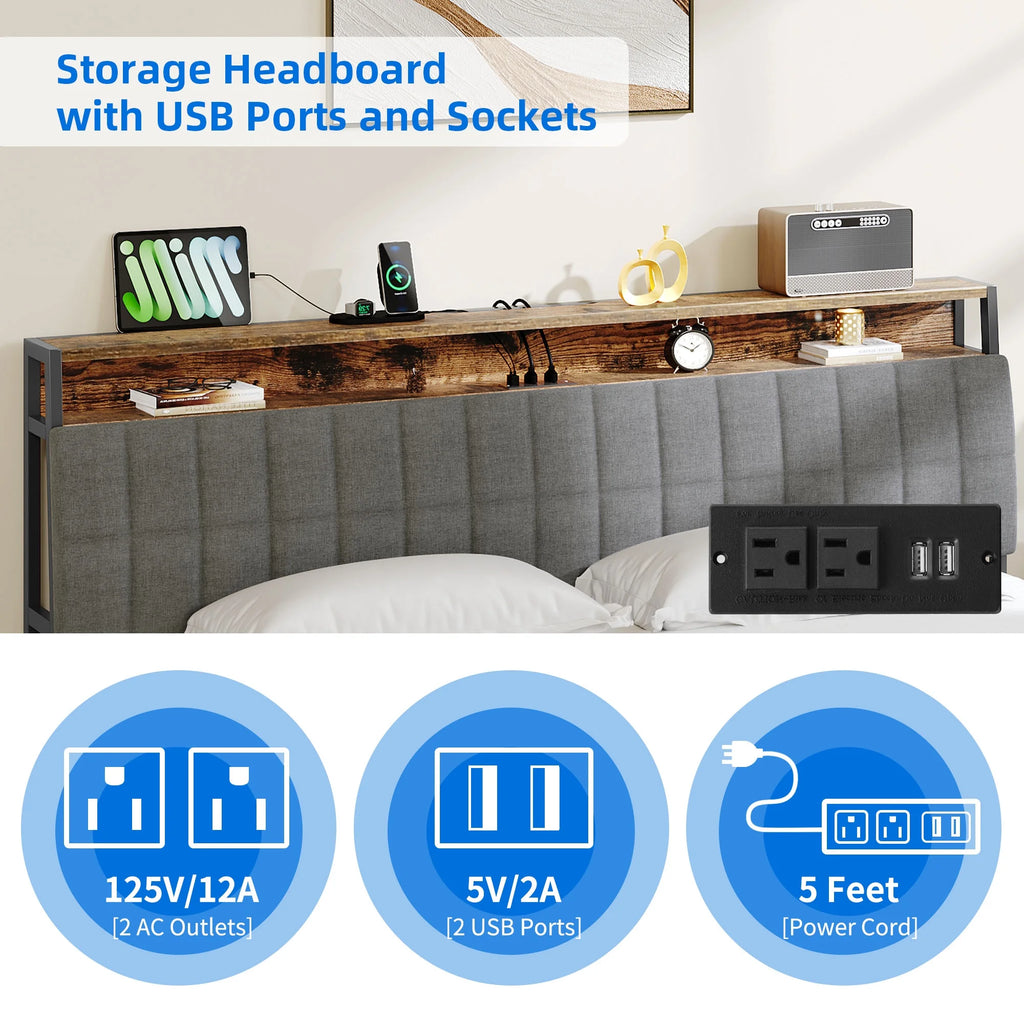 Full Size Upholstered Platform Bed Frame with Charging Station E6597