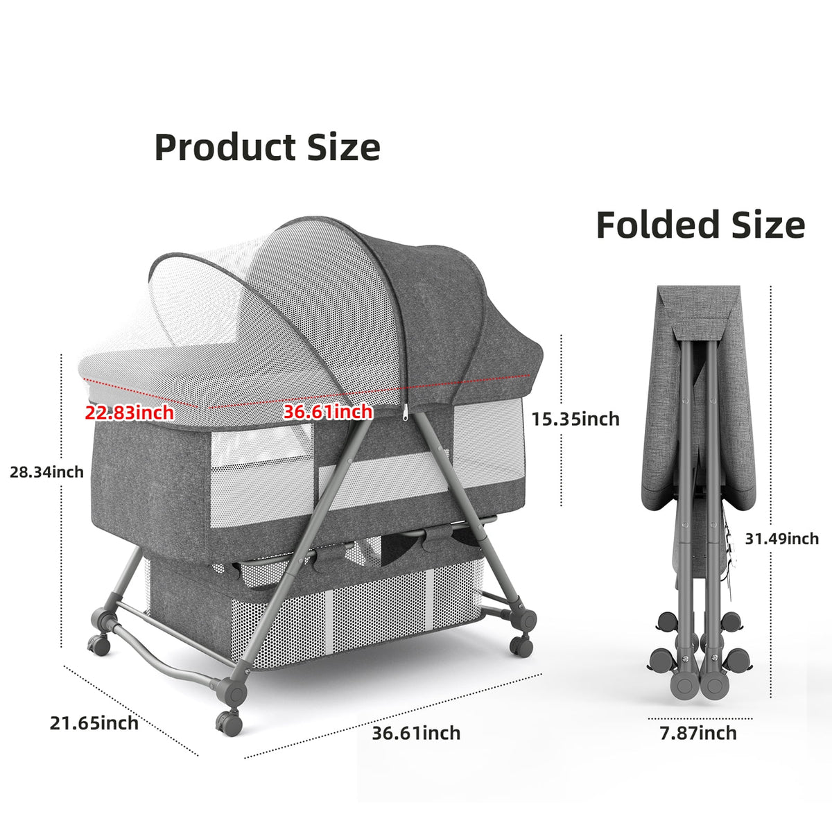 Portable Folding Rocking Bassinet with Storage Basket, Travel Bag, Gray A8097