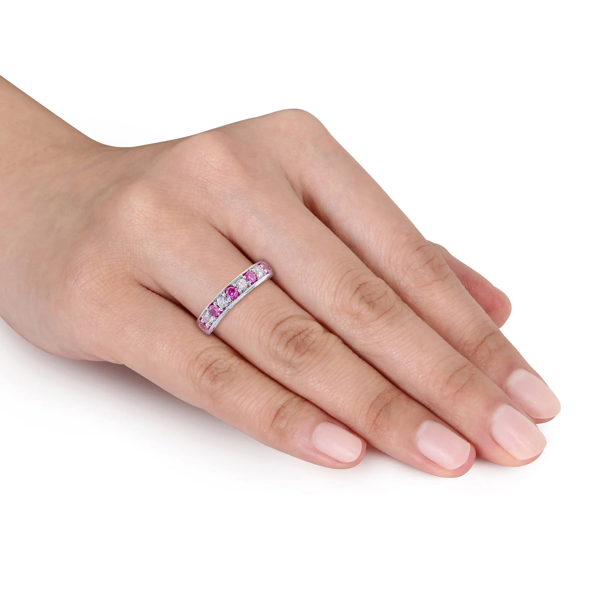 Sterling Silver Anniversary Band with Created White and Pink Sapphire U326