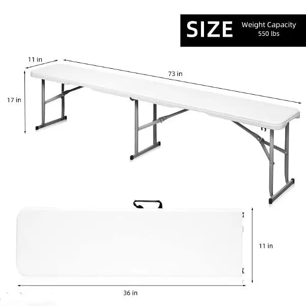 Foldable 6 Foot White Plastic and Steel Bench A5444
