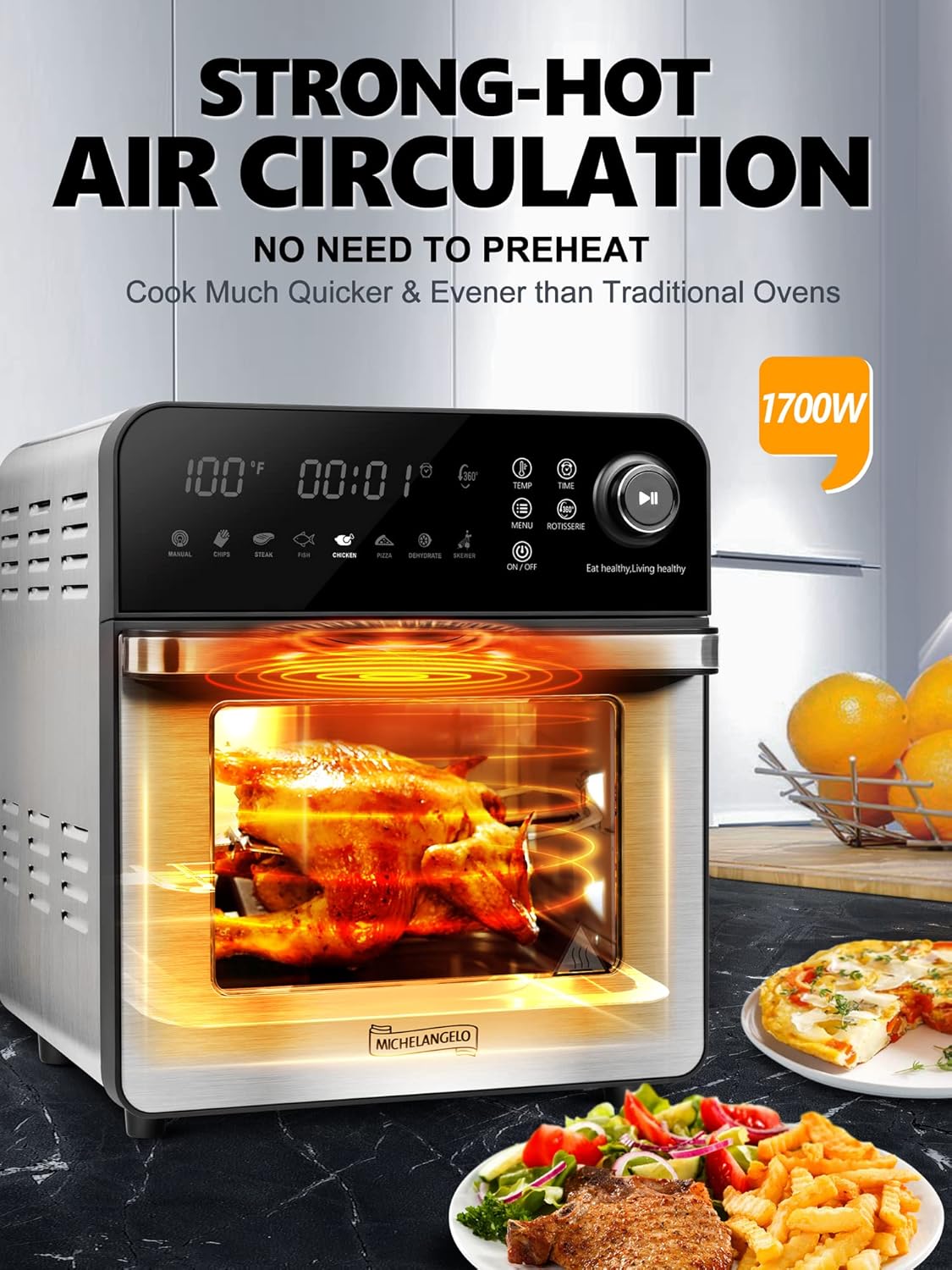 16 Quart 7-in-1 Stainless Steel Air Fryer Oven with Rotisserie and Racks C86152