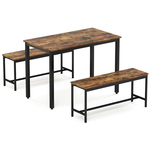 3-Piece Grey Dining Table Set with 2 Benches T17597