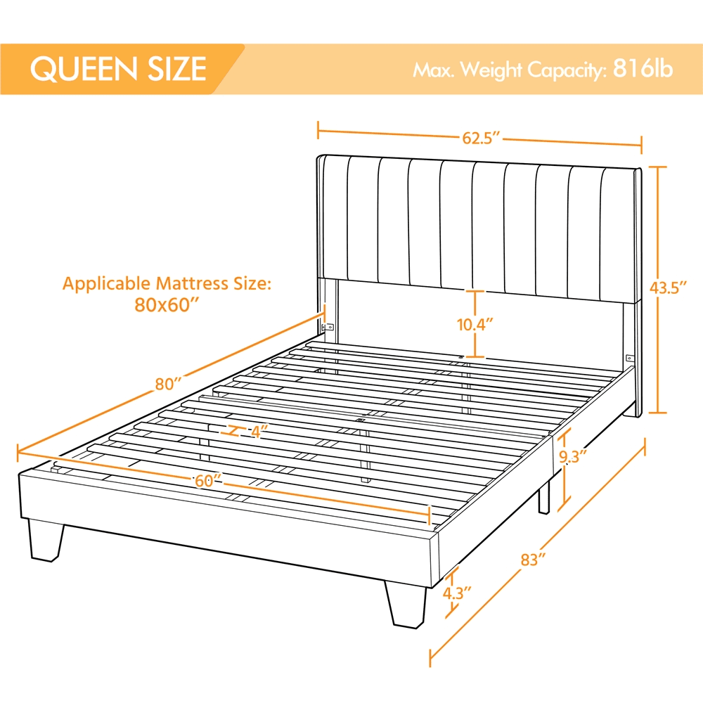 Queen Platform Bed with Upholstered Headboard, Navy Blue M114