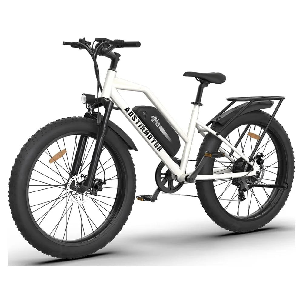Electric Mountain Bike 750W 48V 13AH Removable Lithium Battery 26" 4.0 inch Fat Tire White A23701