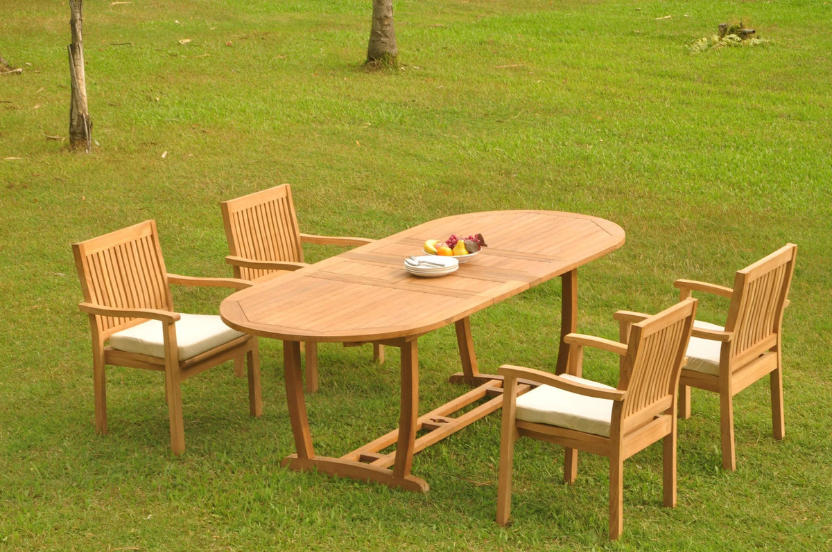 Grade-A Teak 5 Pc Dining Set with Oval Trestle Leg Table and 4 Stacking Arm Chairs S210