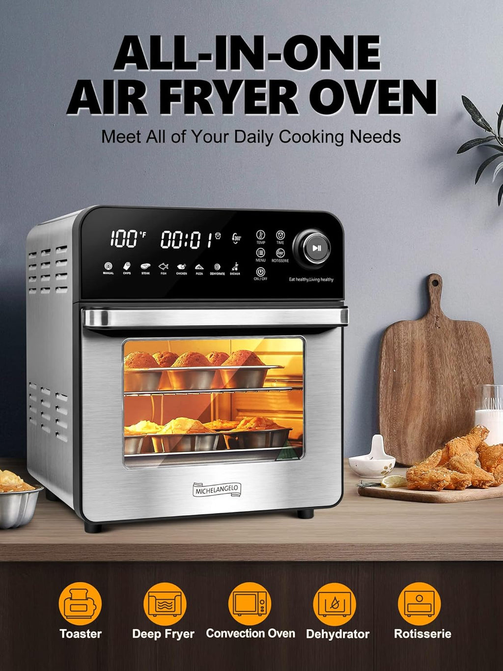 16 Quart 7-in-1 Stainless Steel Air Fryer Oven with Rotisserie and Racks C86152