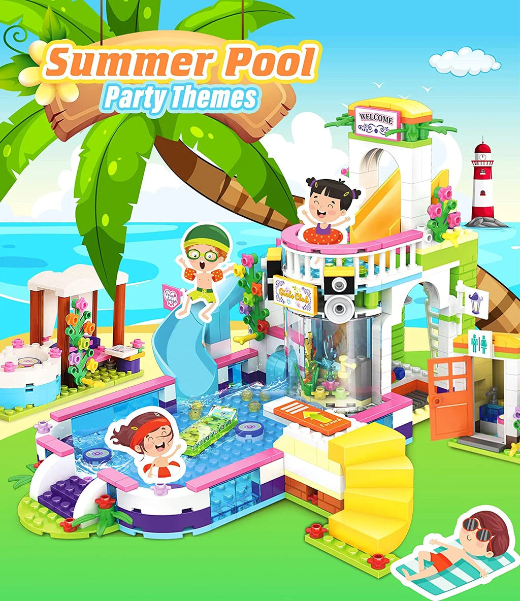 727 Pieces Pool Building Blocks Set with Toy Juice Bar and Hot Tub J24267