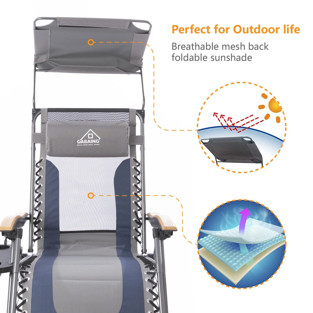 Blue Adjustable Folding Zero Outdoor Recliner with Cup Holder and Canopy Shade W34095