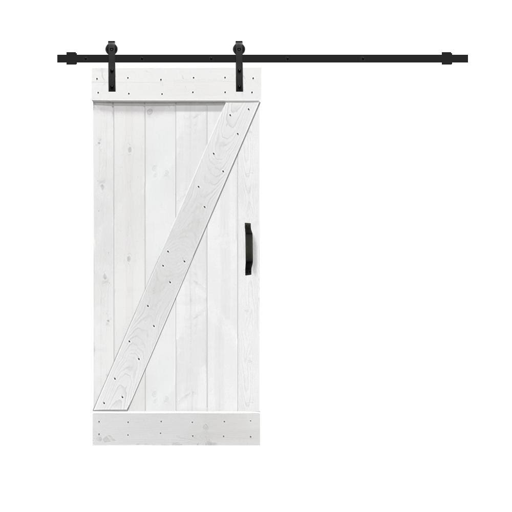 White Stained Solid Knotty Pine Wood Interior Sliding Barn Door with Hardware Kit and Handle F125559