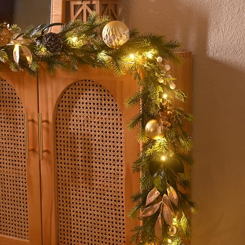 6Ft Prelit Christmas Garland with Pine Cone, Bow Ornaments (Green Gold) O759