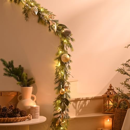 6Ft Prelit Christmas Garland with Pine Cone, Bow Ornaments (Green Gold) O759