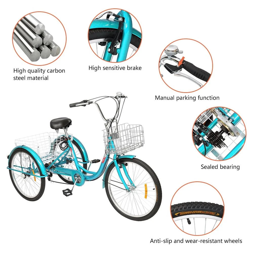 Adult Trike 7 Speed 24/26 Inch Three-Wheeled Cruiser Bike with Folding Front & Rear Basket Adjustable Height Seat F702500