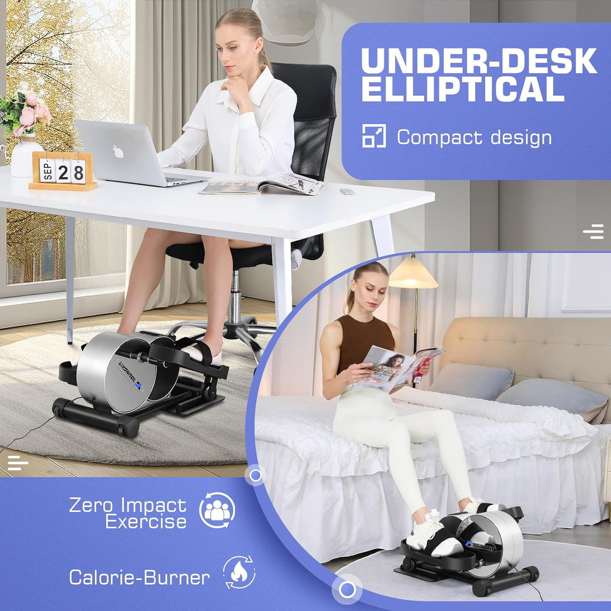 Under Desk Elliptical, Electric Seated Foot Pedal Exerciser with LCD Display Monitor, Remote Control I25085