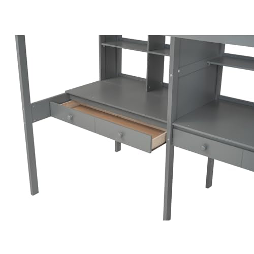 White Twin Size Wood Loft Bed with Storage Stairs and Double Desks M482