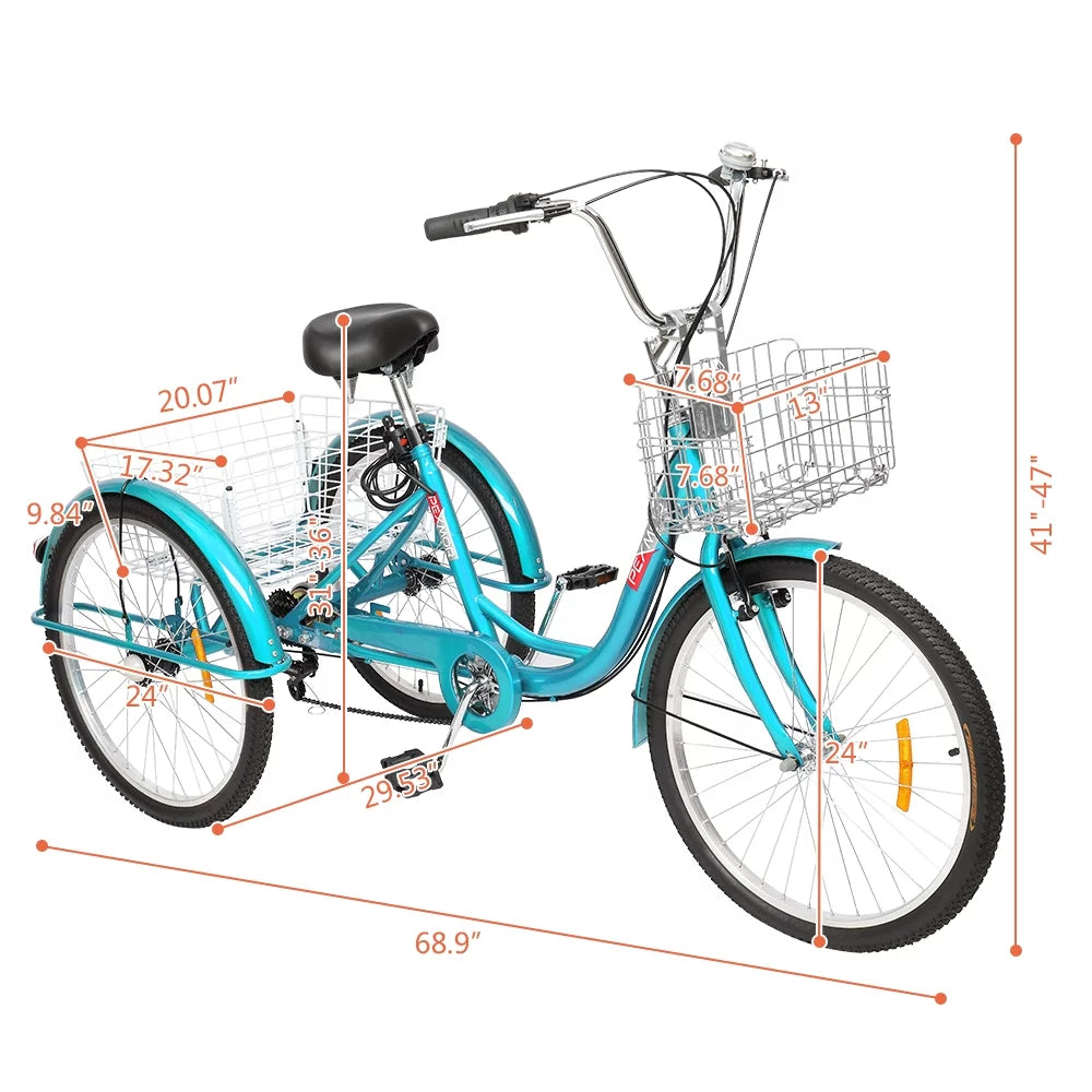Adult Trike 7 Speed 24/26 Inch Three-Wheeled Cruiser Bike with Folding Front & Rear Basket Adjustable Height Seat F702500