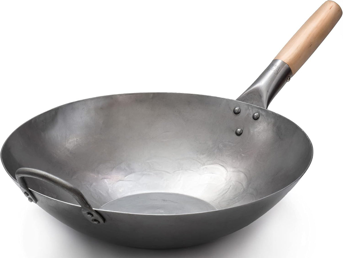 Flat Hand Hammered Carbon Steel Wok with Helper Handle 14 Inch C146