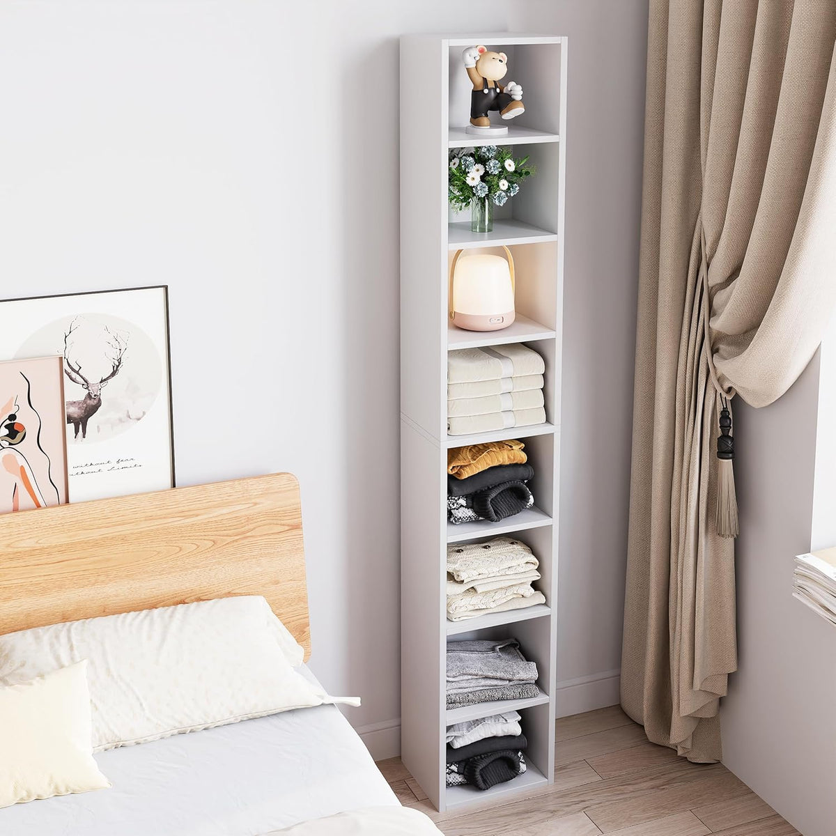 White 8-Tier Narrow Bookshelf with Adjustable Shelves Q300