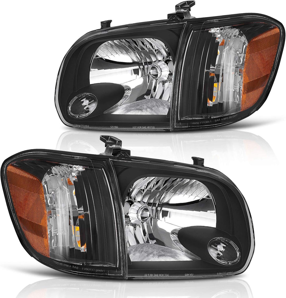 Headlight Assembly Pair Black Housing Amber Reflector F933