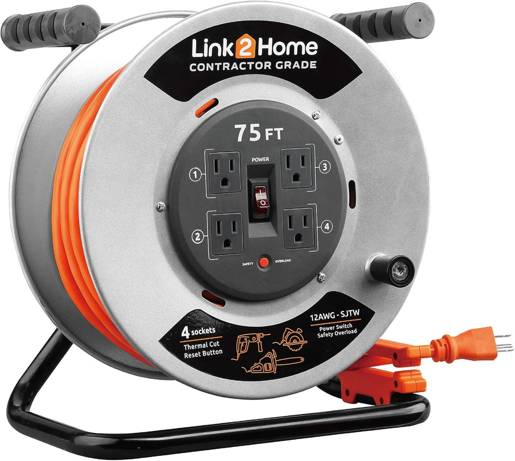 75 ft. Metal Cord Reel Extension Cord 4 Power Outlets 12 AWG SJTW J7152