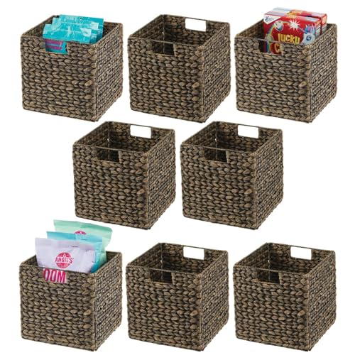 Black Wash Woven Hyacinth Cube Organizer Basket with Handles, 8 Pack O692