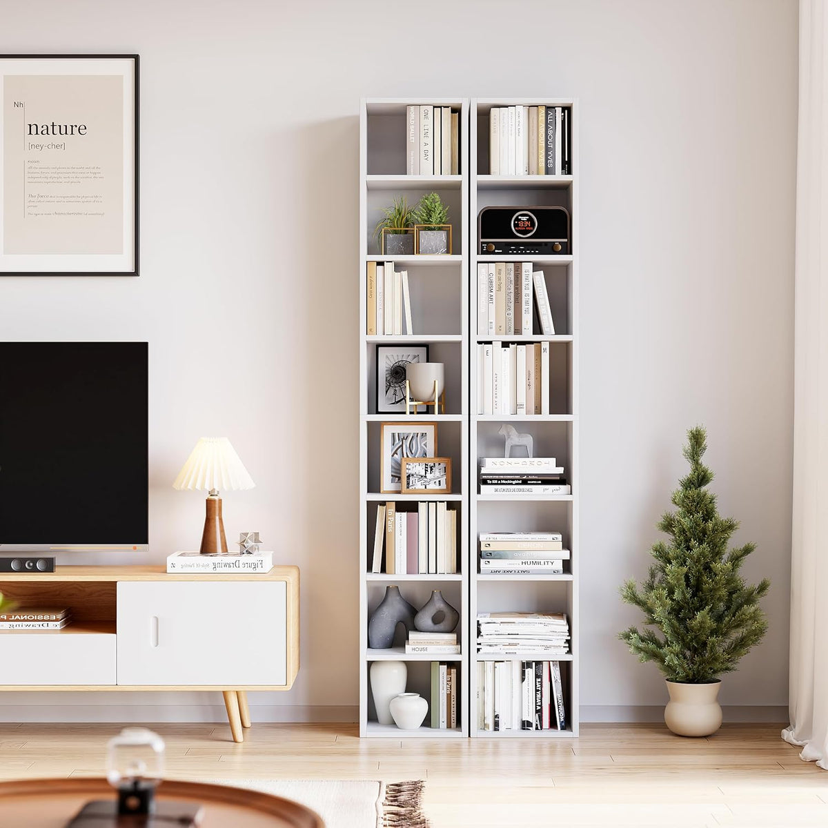 White 8-Tier Narrow Bookshelf with Adjustable Shelves Q300