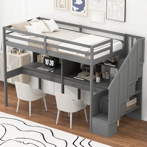 White Twin Size Wood Loft Bed with Storage Stairs and Double Desks M482