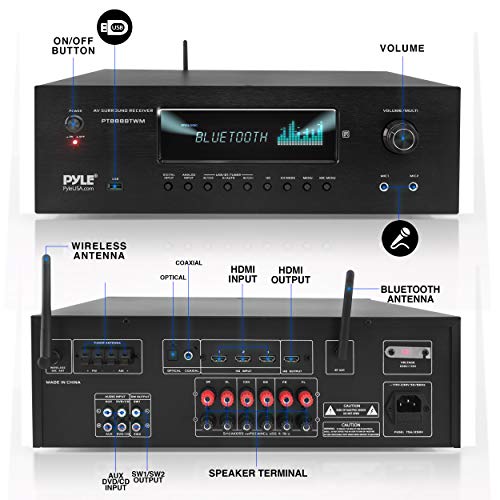 1000W 5.2 Channel Home Theater Receiver with Bluetooth 5.0 and 2 UHF Wireless Mics H465444