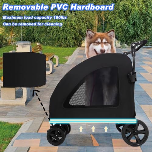 Large Dog Stroller, Removable Cushion Adjustable Handle Foldable 4 Wheel Pet Stroller (Black) I858422