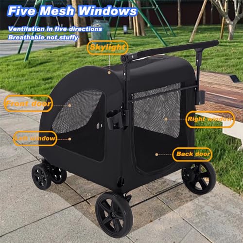 Large Dog Stroller, Removable Cushion Adjustable Handle Foldable 4 Wheel Pet Stroller (Black) I858422