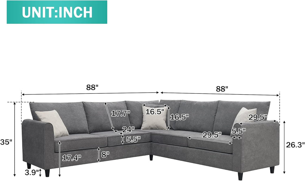 Gray L-Shape Upholstered Sectional Sofa with 3 Pillows X987073