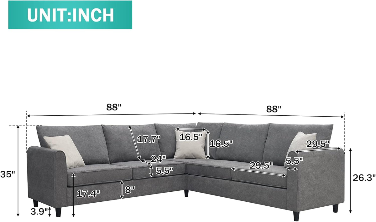 Gray L-Shape Upholstered Sectional Sofa with 3 Pillows X987073