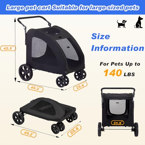 Large Dog Stroller, Removable Cushion Adjustable Handle Foldable 4 Wheel Pet Stroller (Black) I858422