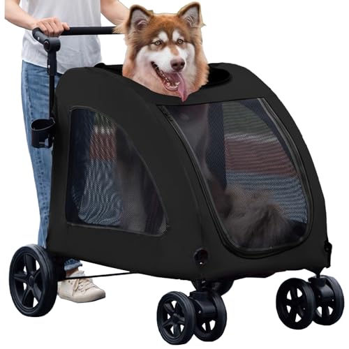 Large Dog Stroller, Removable Cushion Adjustable Handle Foldable 4 Wheel Pet Stroller (Black) I858422