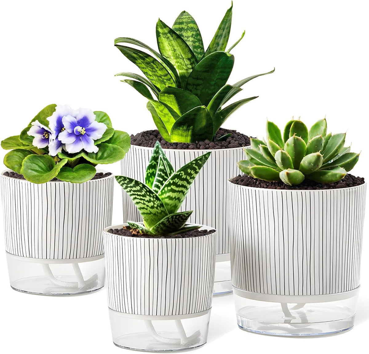 4 Pack Self Watering Pots, 4.3+5.5 Inch Planter Pot with Wick Rope and Reservoir Z1441