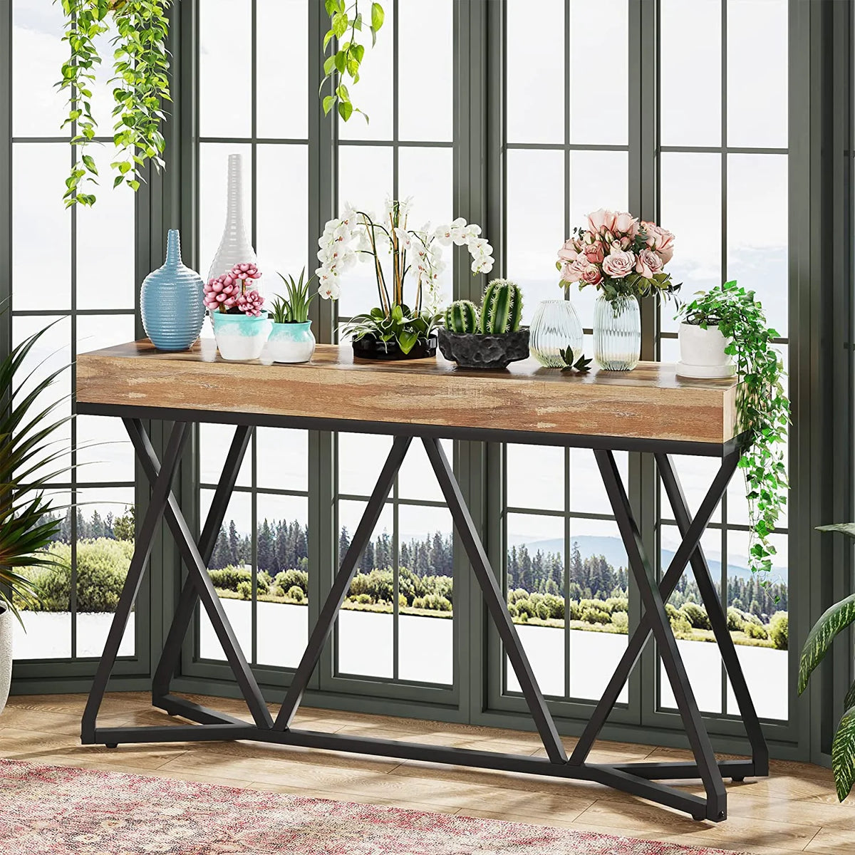 55" Wood Console Table with Metal Base Q296