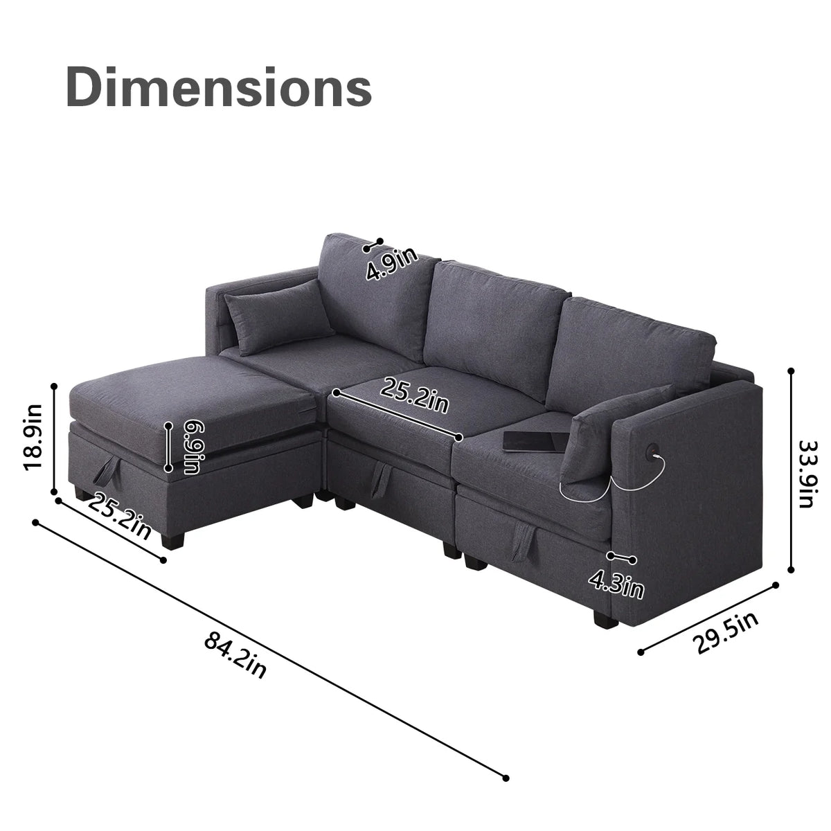 Dark Gray L-Shaped Sectional Sofa with Chaise H801