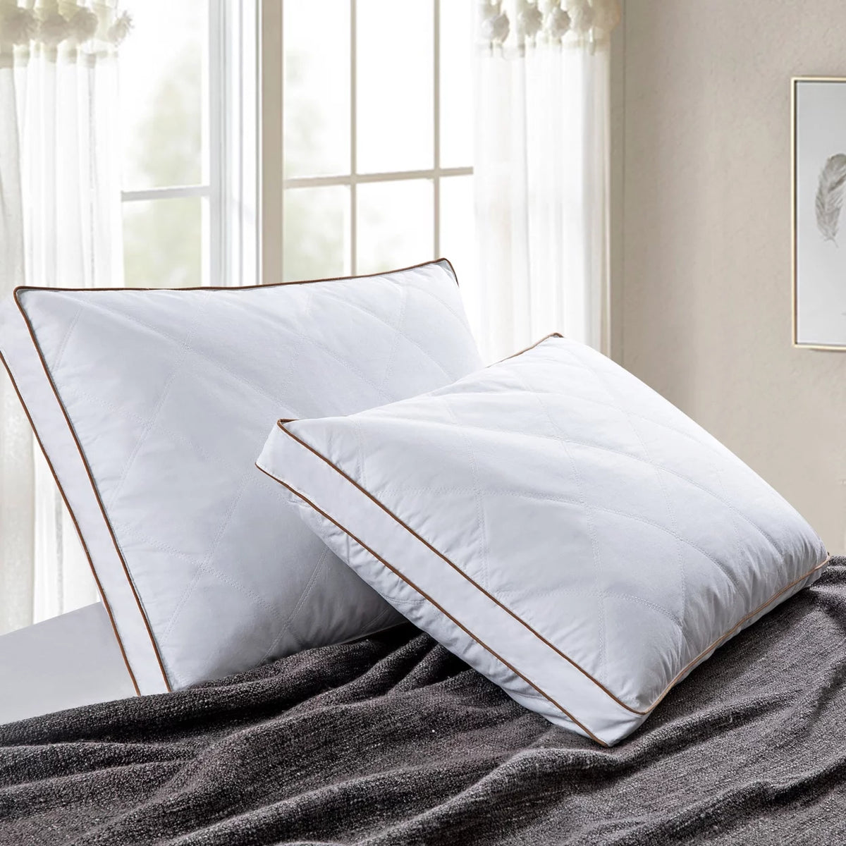 Set of 2 Natural Goose Down Feather Gusseted Pillows Cotton Cover S28203