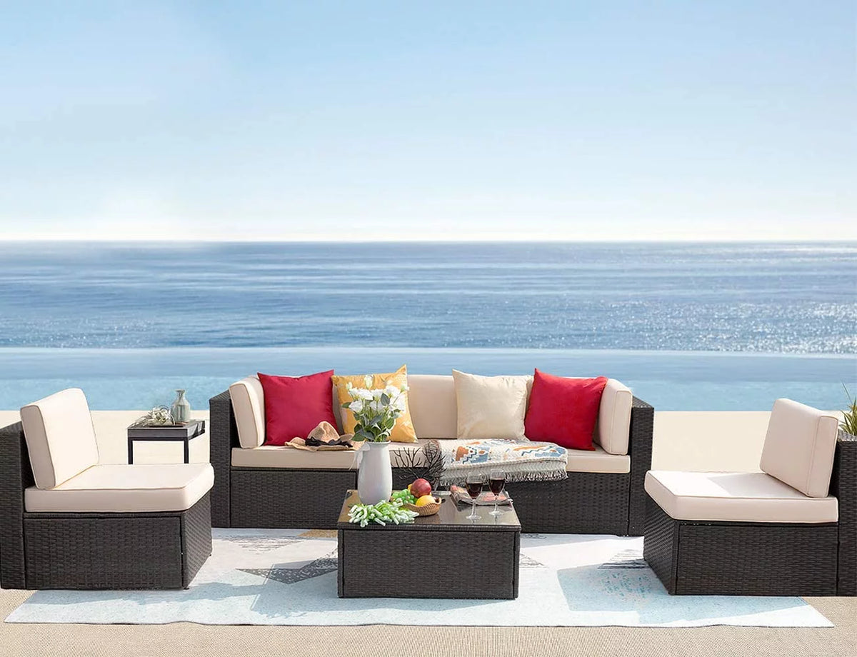 6 Pieces Wicker PE Rattan Sectional Sofa with Cushions D7766