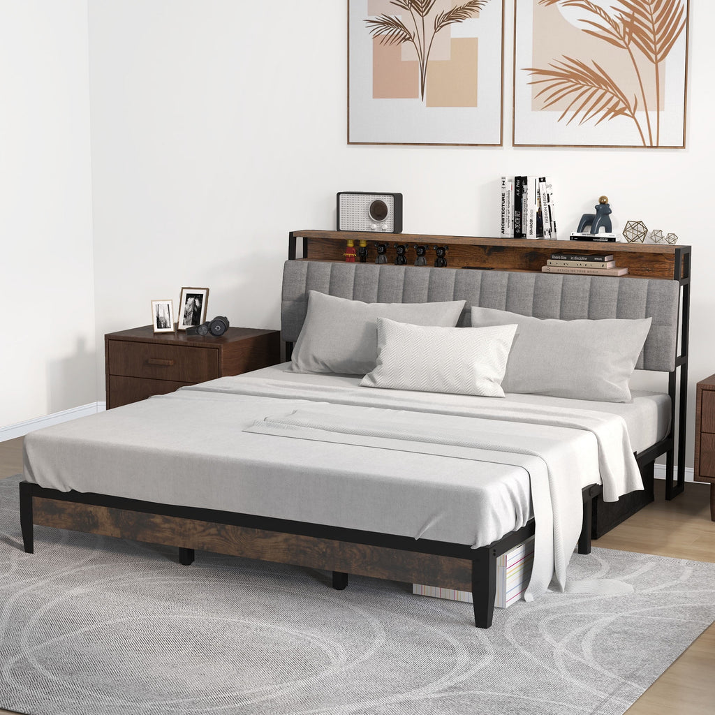 Full Size Upholstered Platform Bed Frame with Charging Station E6597