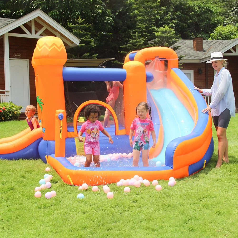 Inflatable Bounce House with 450W Blower, Stakes, Water Sprinkler, Splash Pool R584