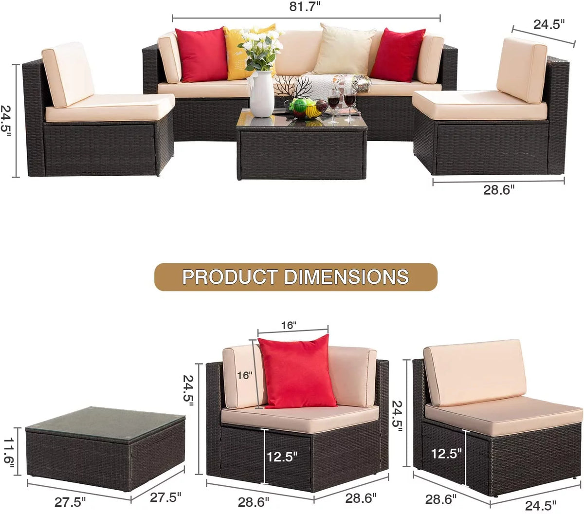 6 Pieces Wicker PE Rattan Sectional Sofa with Cushions D7766